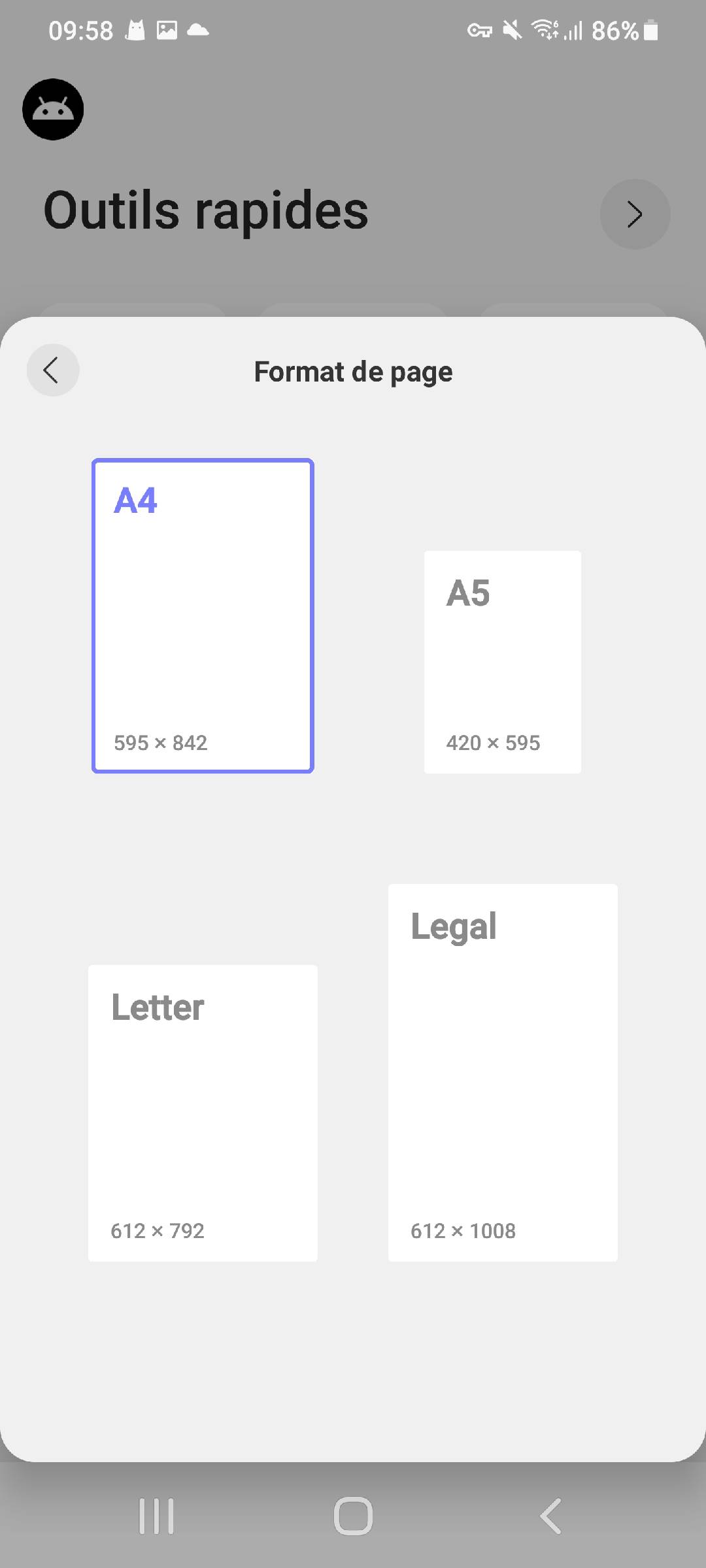 options de taille de page dans updf pour Android