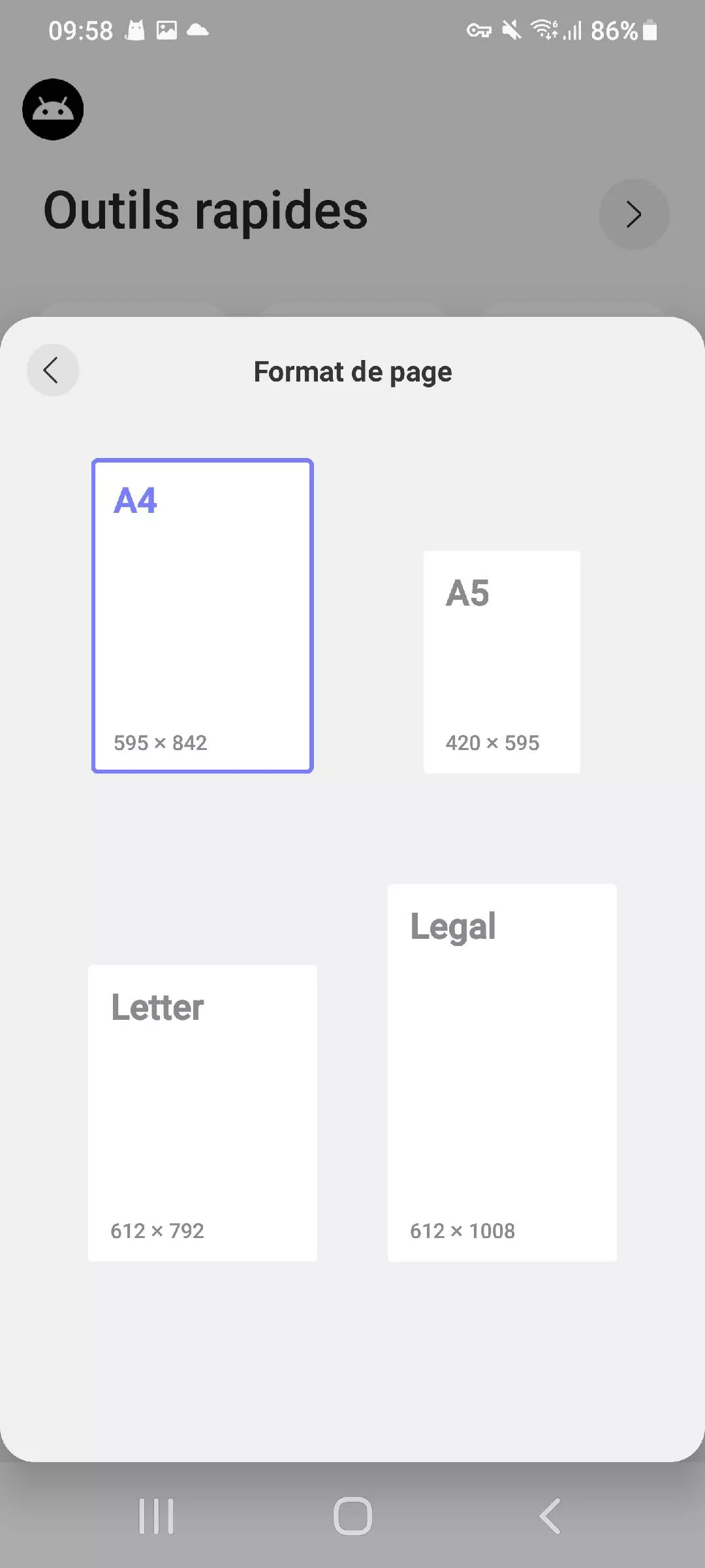  options de taille de page dans updf pour Android