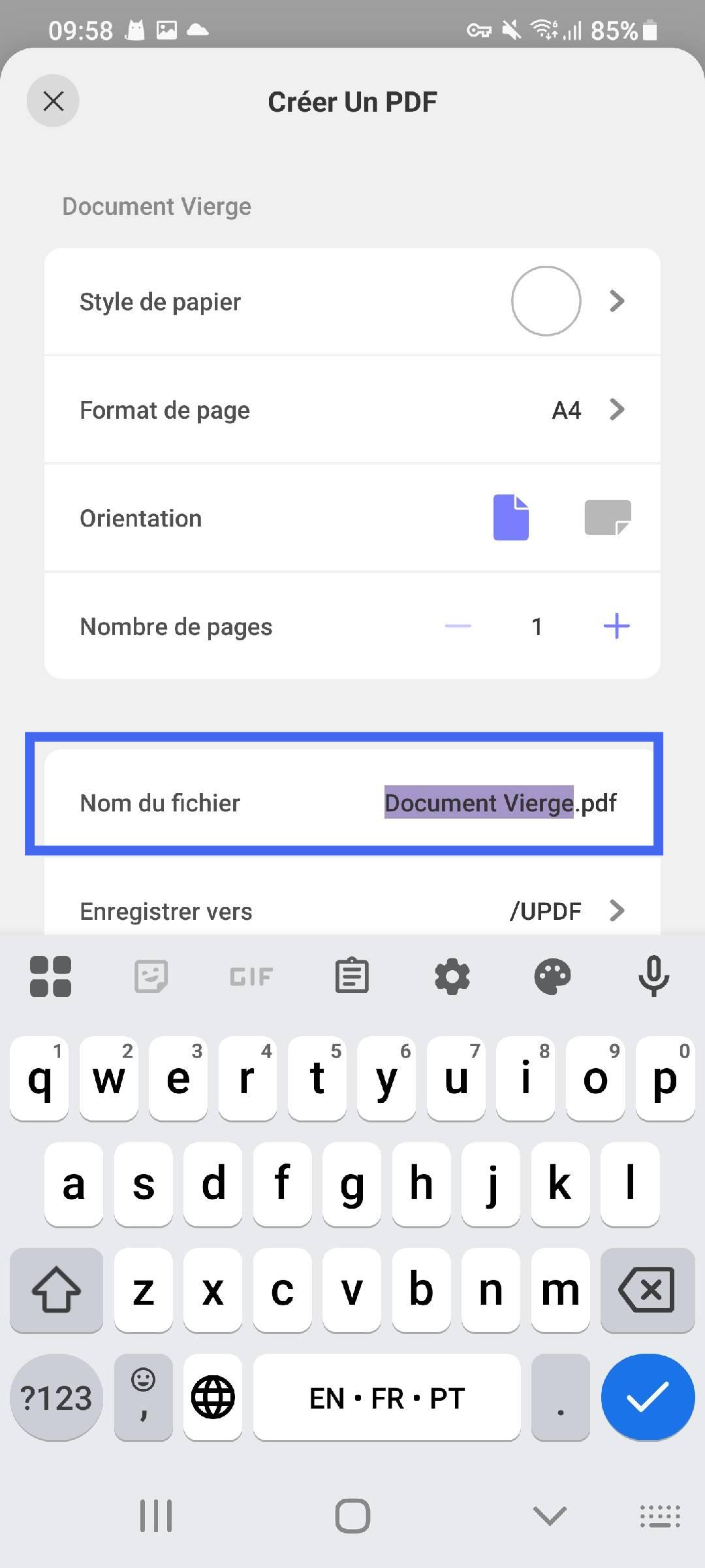 ajouter un nom de fichier pour créer un PDF vierge updf android