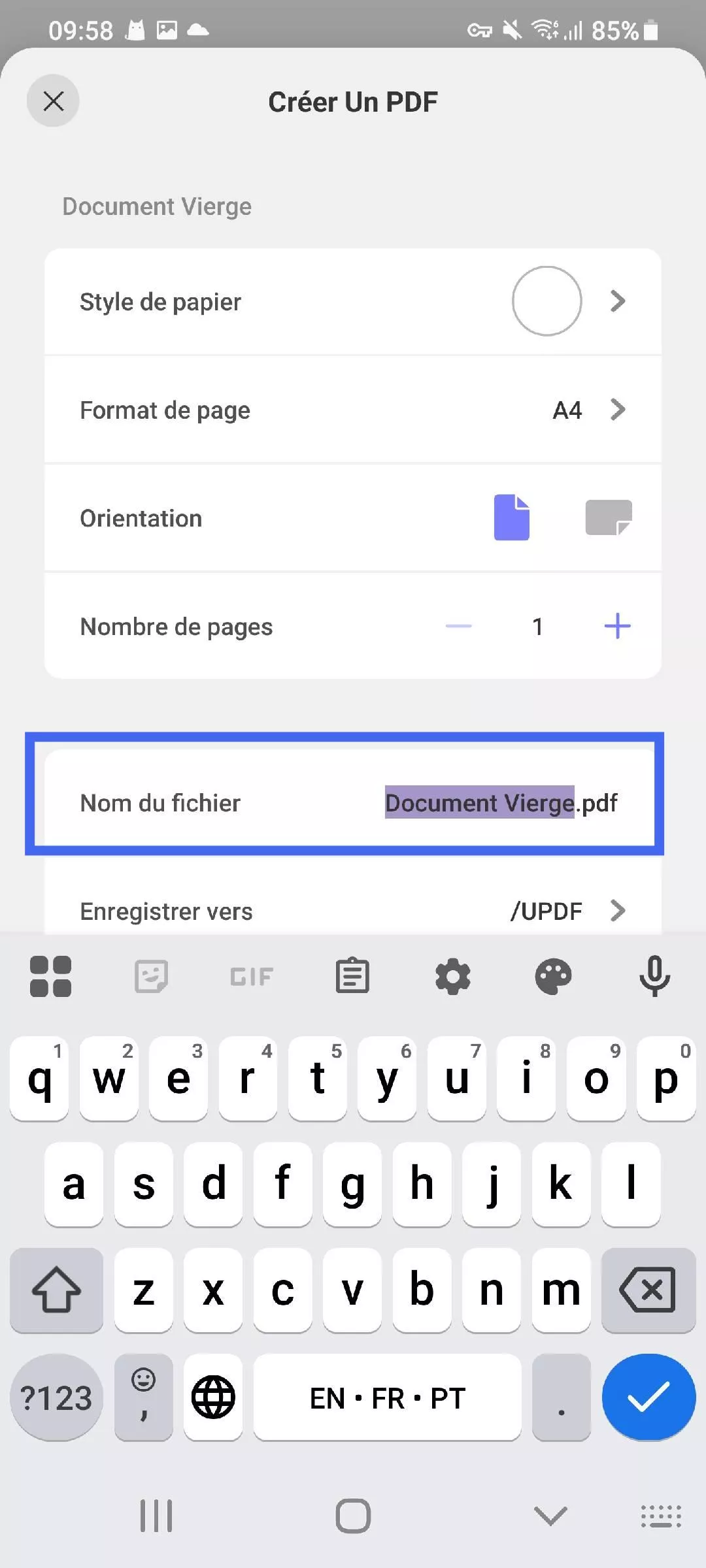  ajouter un nom de fichier pour créer un PDF vierge updf android