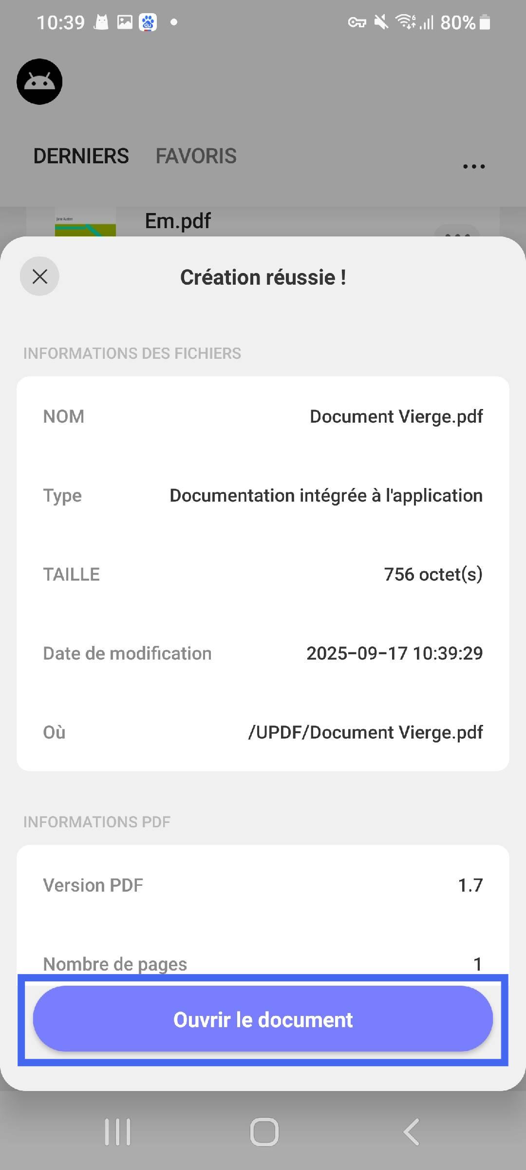 appuyez sur le document ouvert pour ouvrir un PDF vierge updf Android