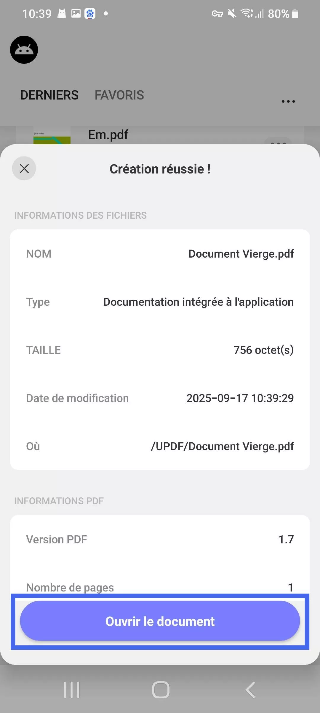  appuyez sur le document ouvert pour ouvrir un PDF vierge updf Android