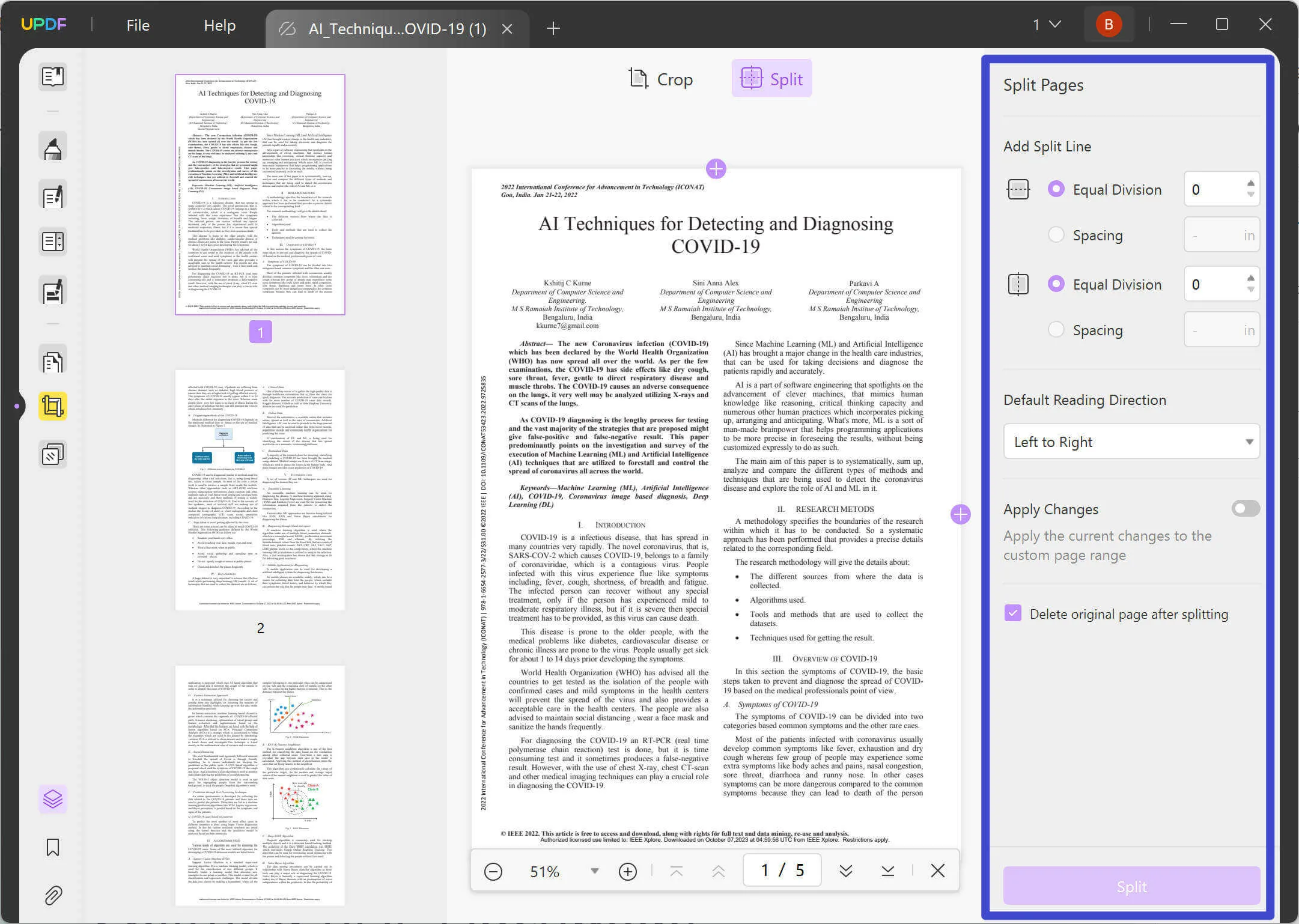 Customize the settings of splitting pages