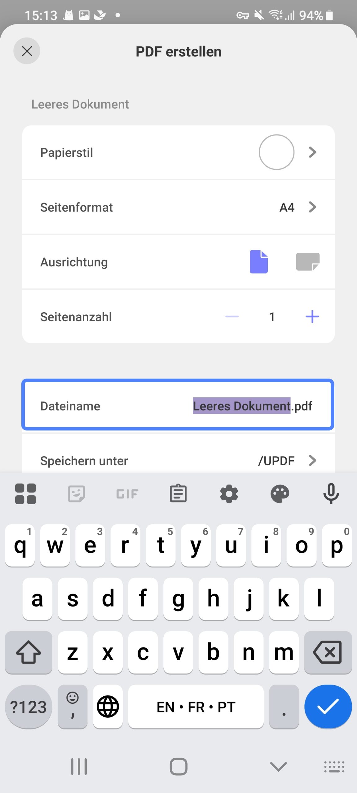 Fügen Sie einen Dateinamen hinzu, um eine leere PDF-Datei zu erstellen updf android