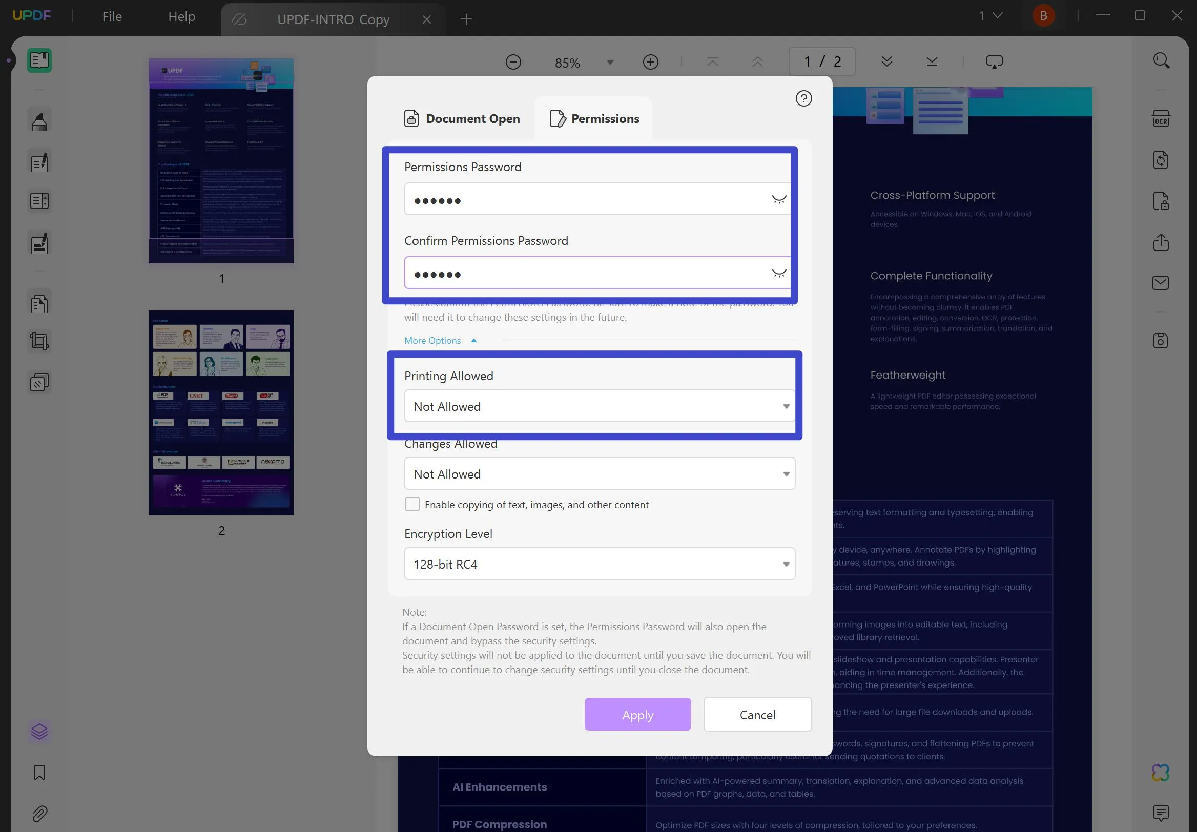 disable print option in pdf permissions