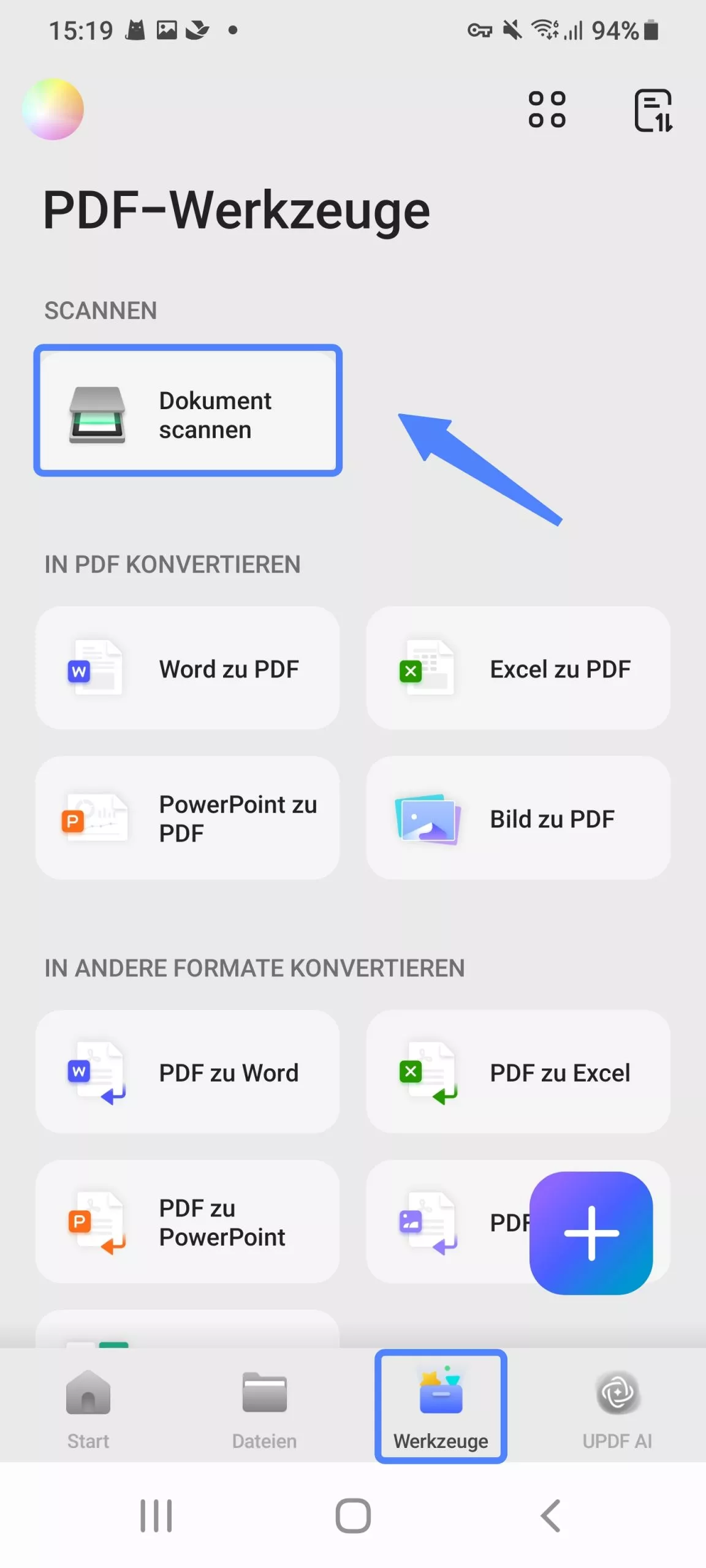 Wählen Sie unter „Werkzeuge“ die Option „Dokument scannen“ aus.
