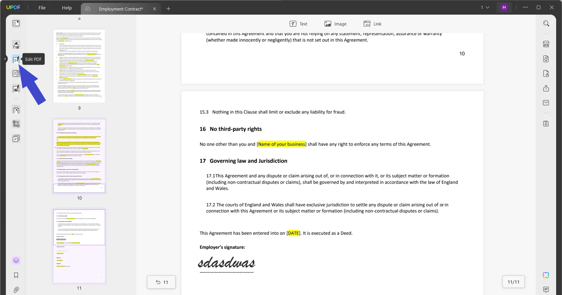 Select the Edit PDF mode from the left toolbar