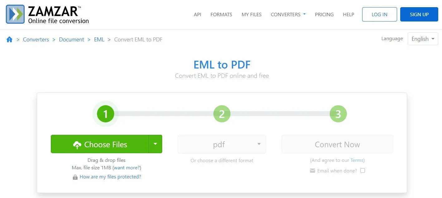 Convertire file EML in PDF gratis con Zamzar