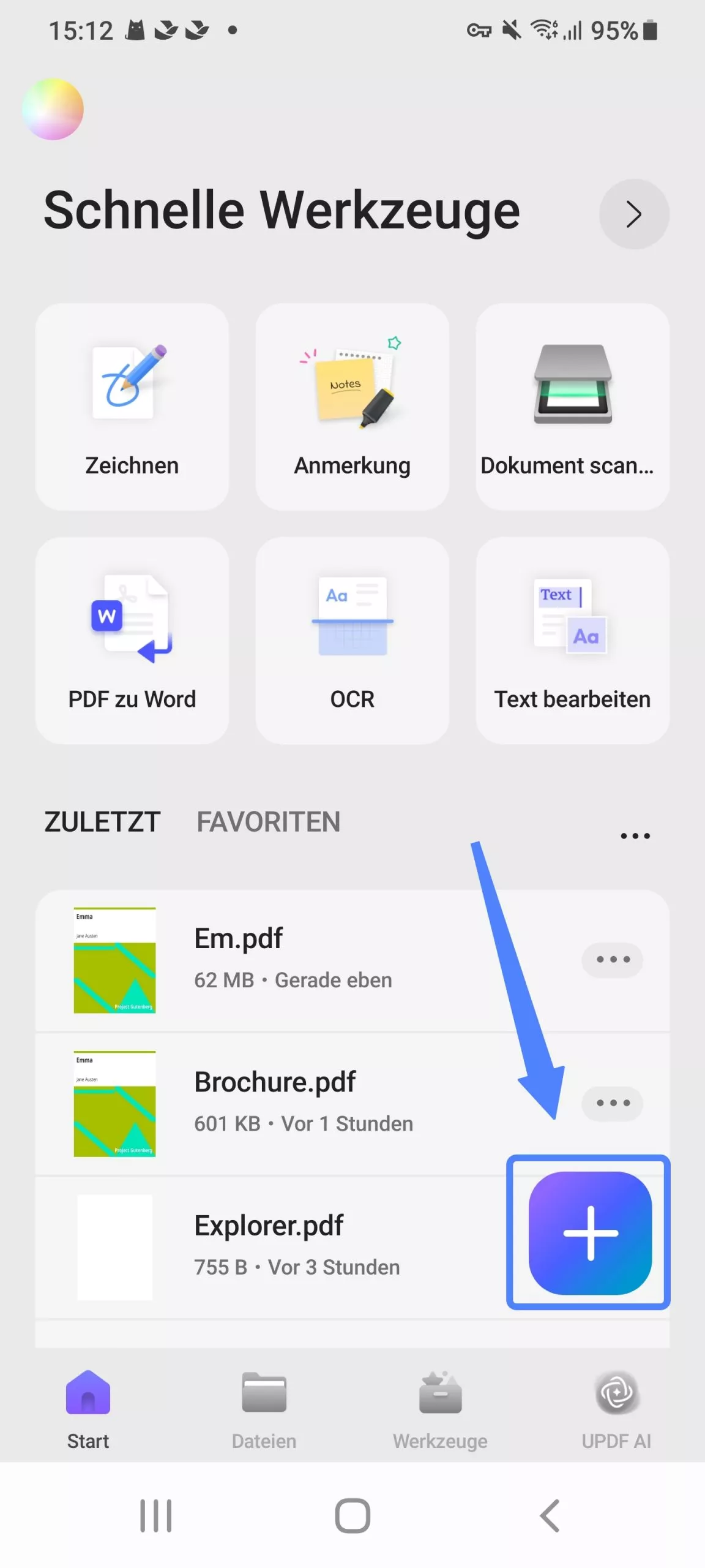 Tippen Sie auf die Schaltfläche „+“ in updf für Android.