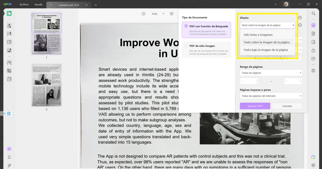 escanear a pdf editable con configuración de diseño