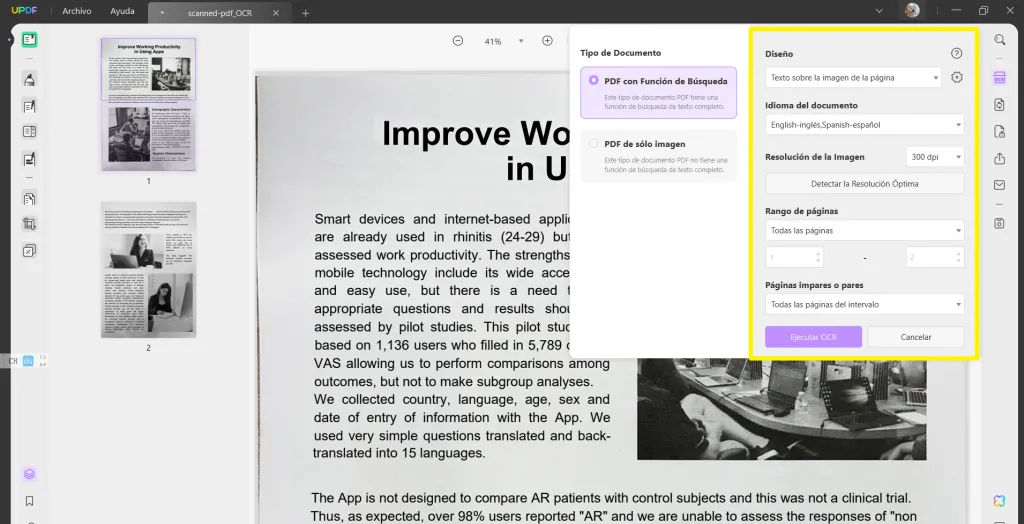 ajustes ocr para convertir pdf escaneado a pdf editable