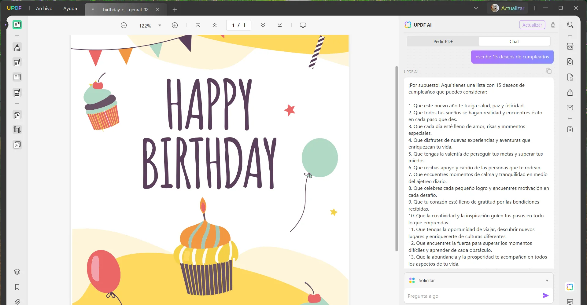 crear felicitaciones de cumpleaños con updf IA