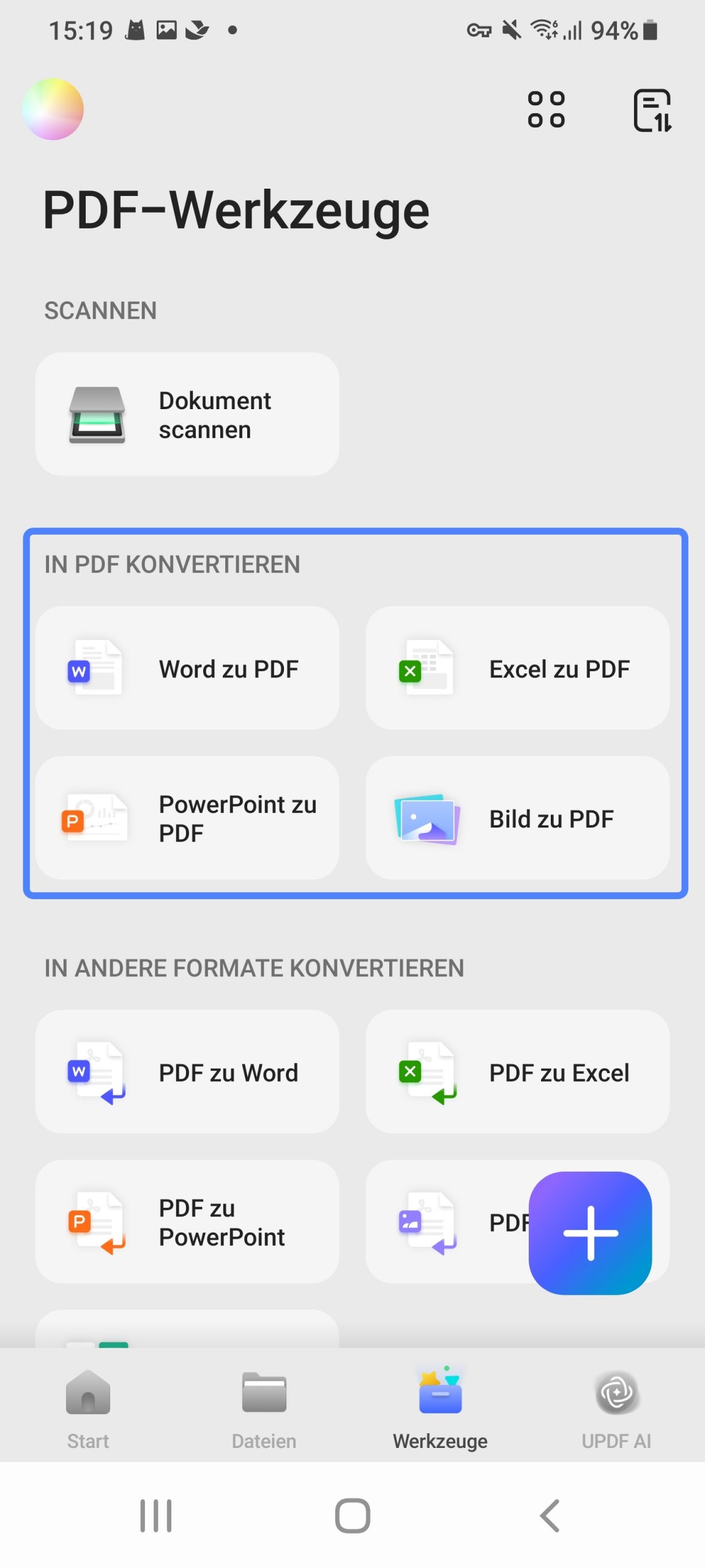 Wählen Sie eine Option zum Konvertieren in PDF Updf Android