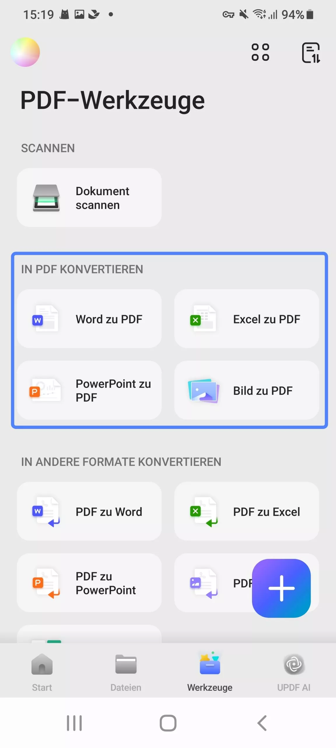 Wählen Sie eine Option zum Konvertieren in PDF Updf Android