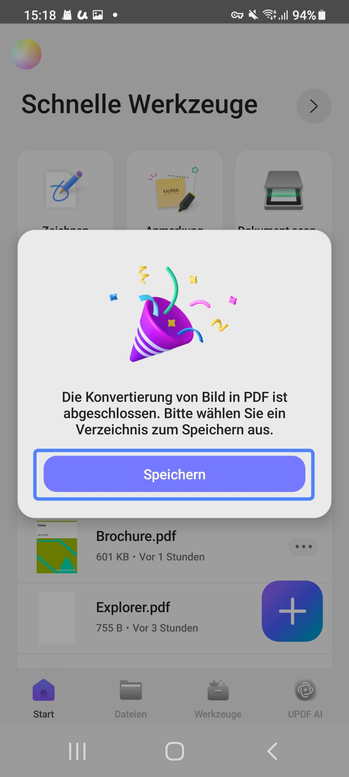 Tippen Sie auf „Speichern“, um in PDF zu konvertieren updf Android