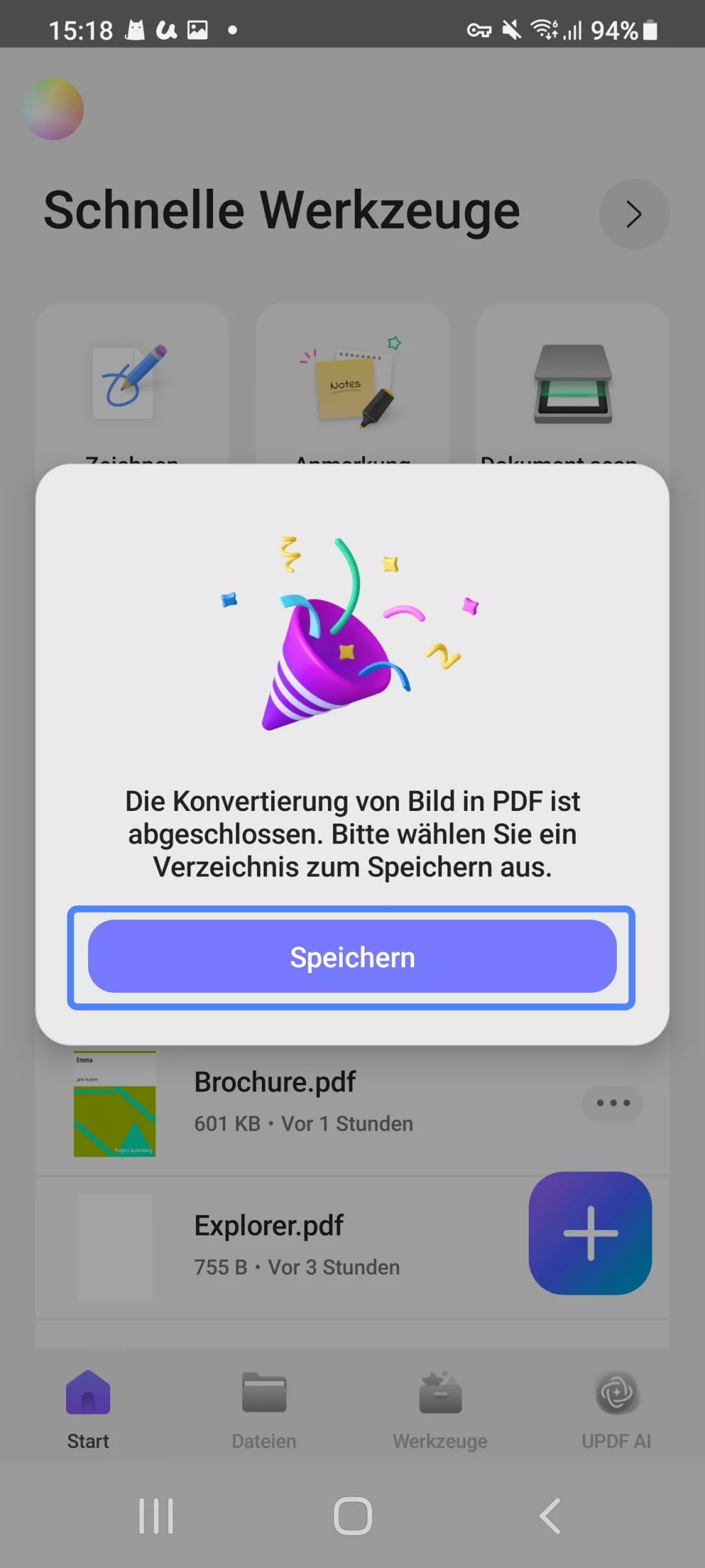Tippen Sie auf „Speichern“, um in PDF zu konvertieren updf Android