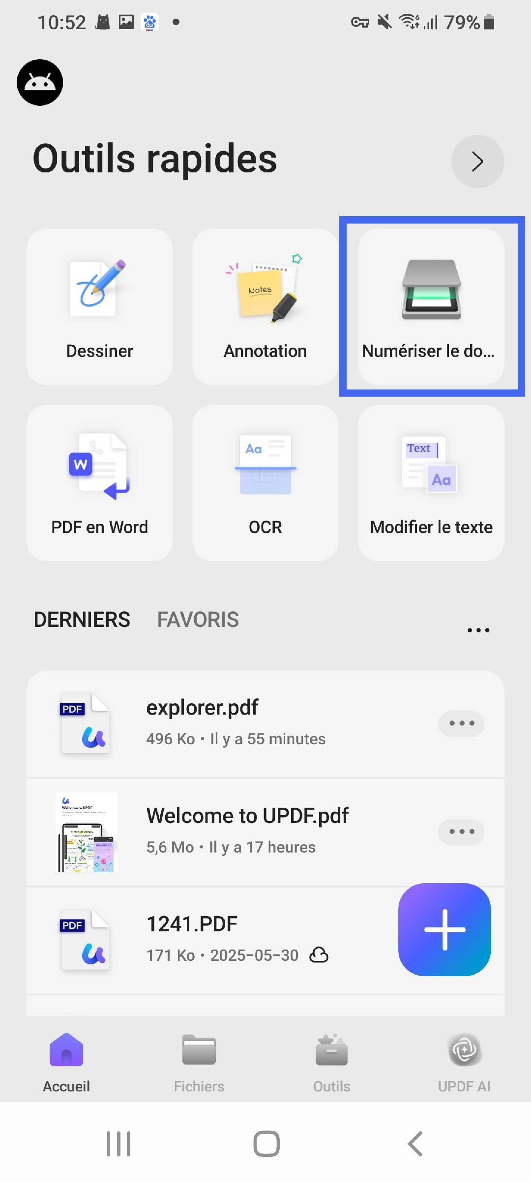 appuyez sur numériser le document updf android