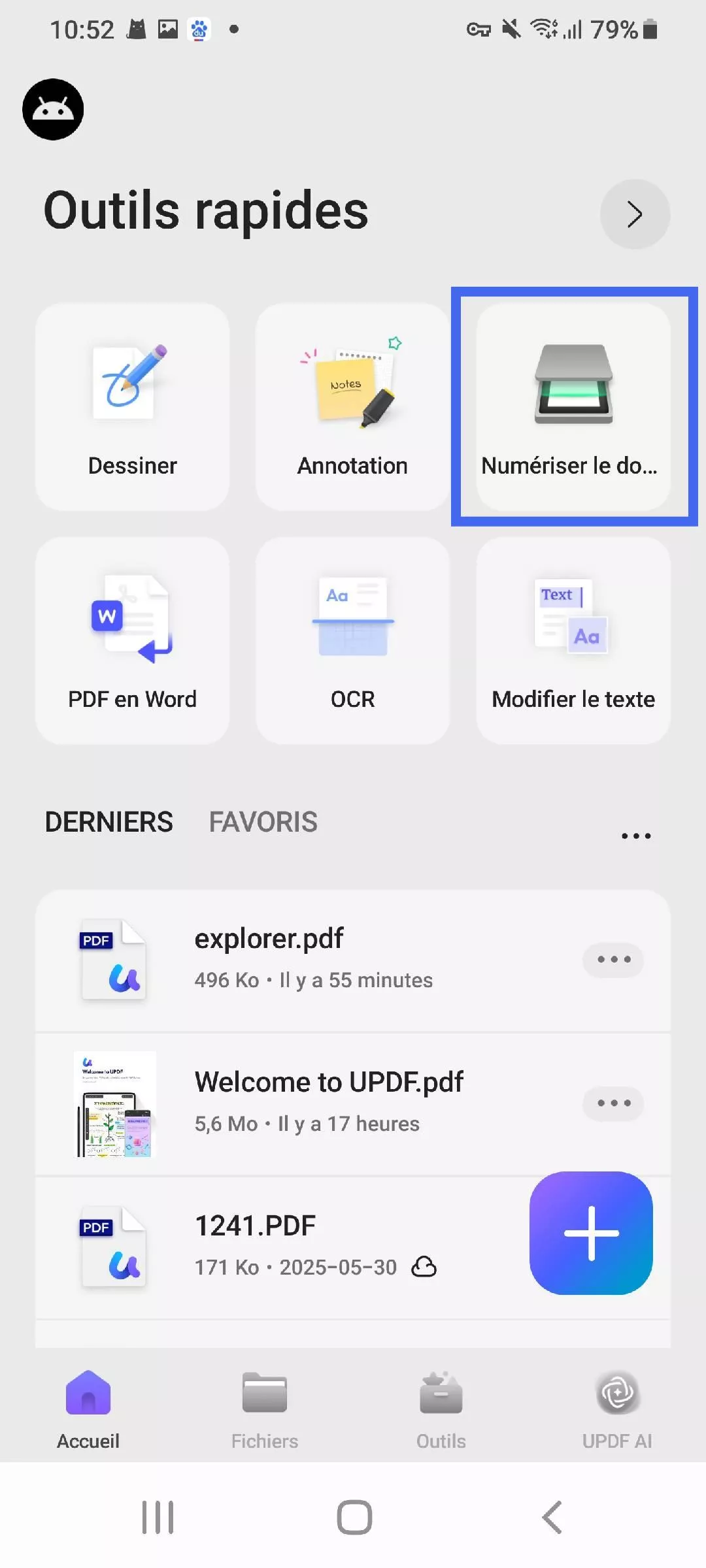 appuyez sur numériser le document updf android