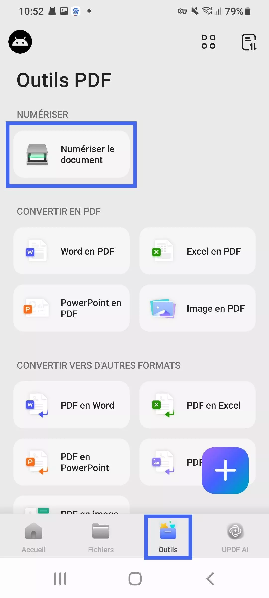 sélectionnez numériser le document sous outils updf android