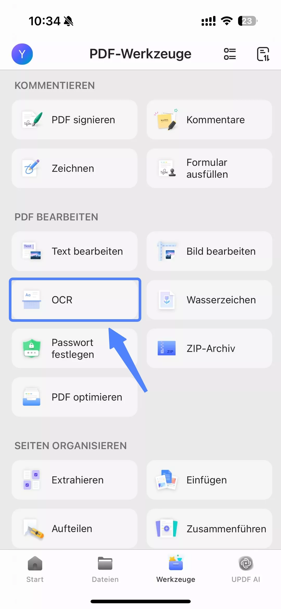 tippen Sie auf „Werkzeuge > OCR“
