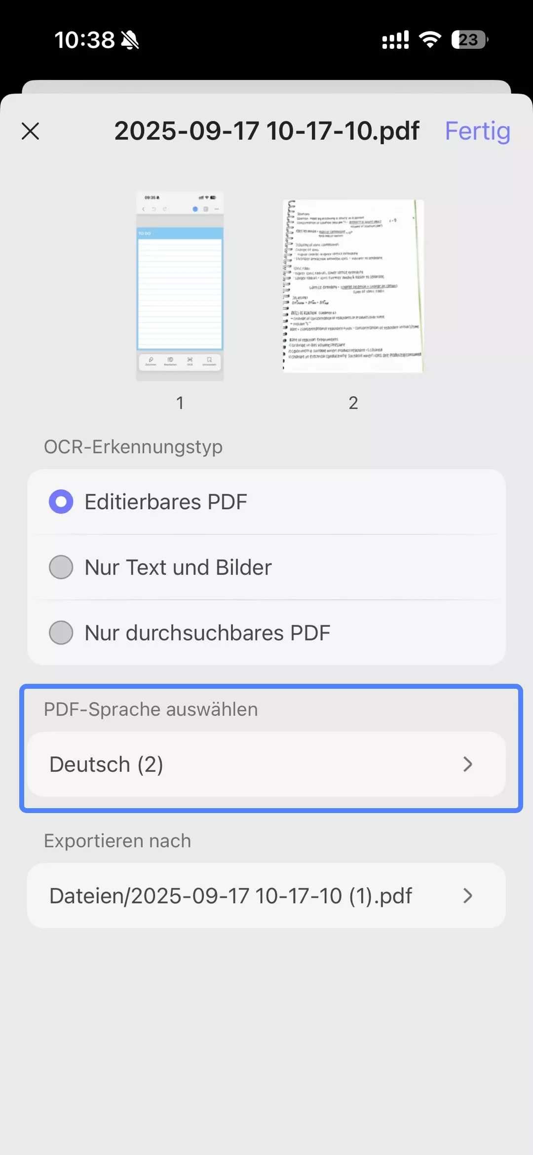 PDF-Sprache auswählen
