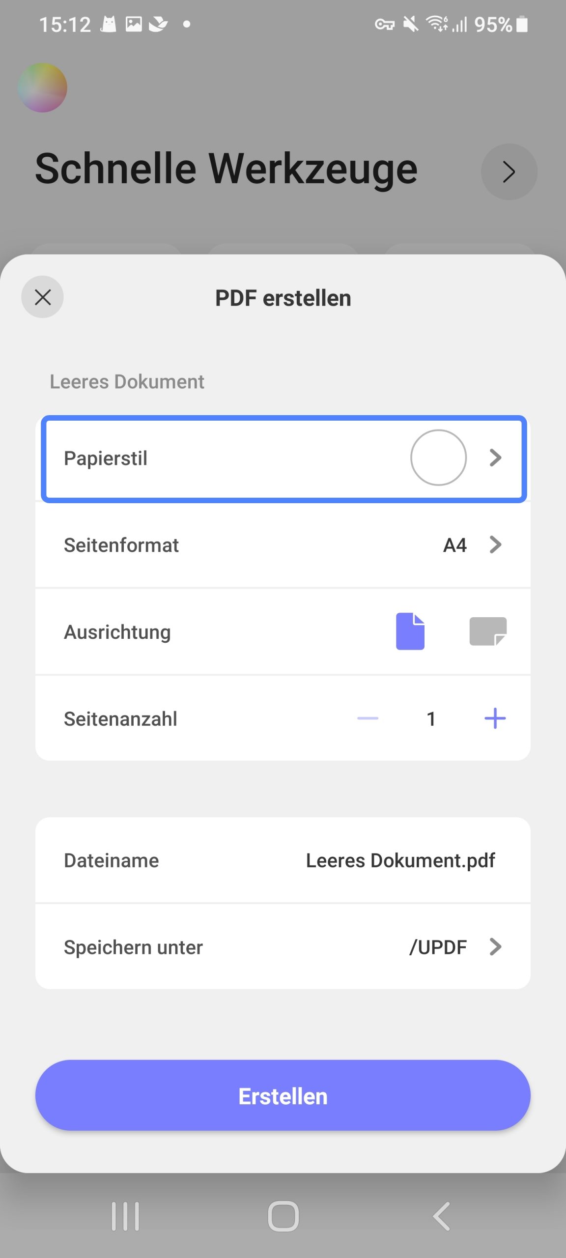 Wählen Sie den Papierstil für leere PDF-Dateien auf Android.
