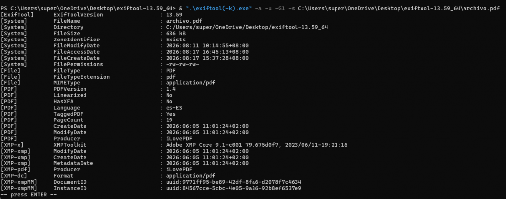 mostrar XMP de los metadatos de pdf