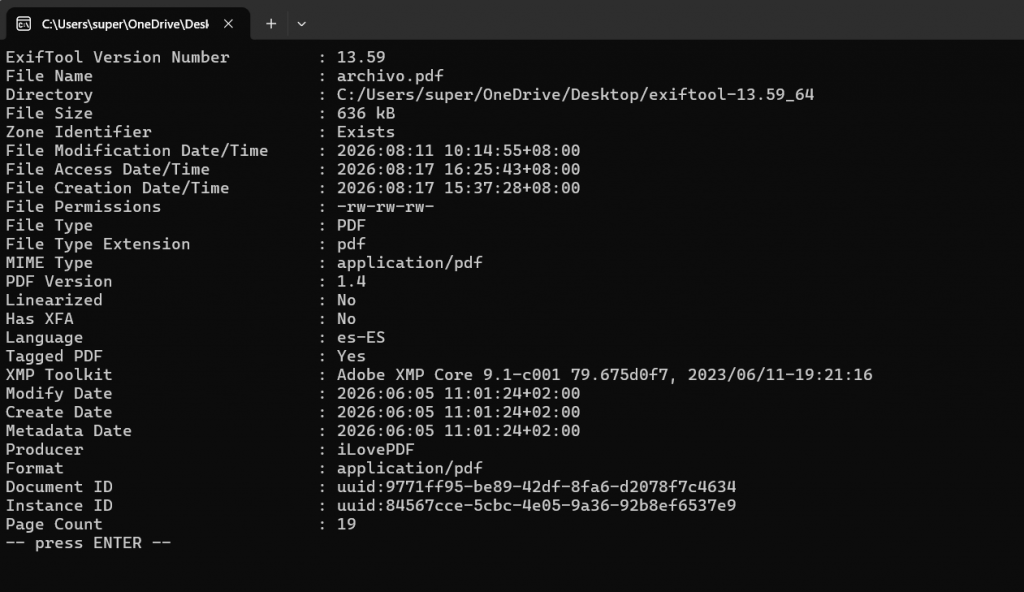 Arrastrar el PDF directamente sobre ExifTool para ver los metadatos