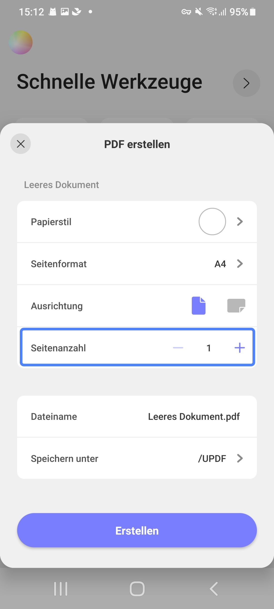 Legen Sie die Anzahl der Seiten fest, um eine leere PDF-Datei zu erstellen. updf android