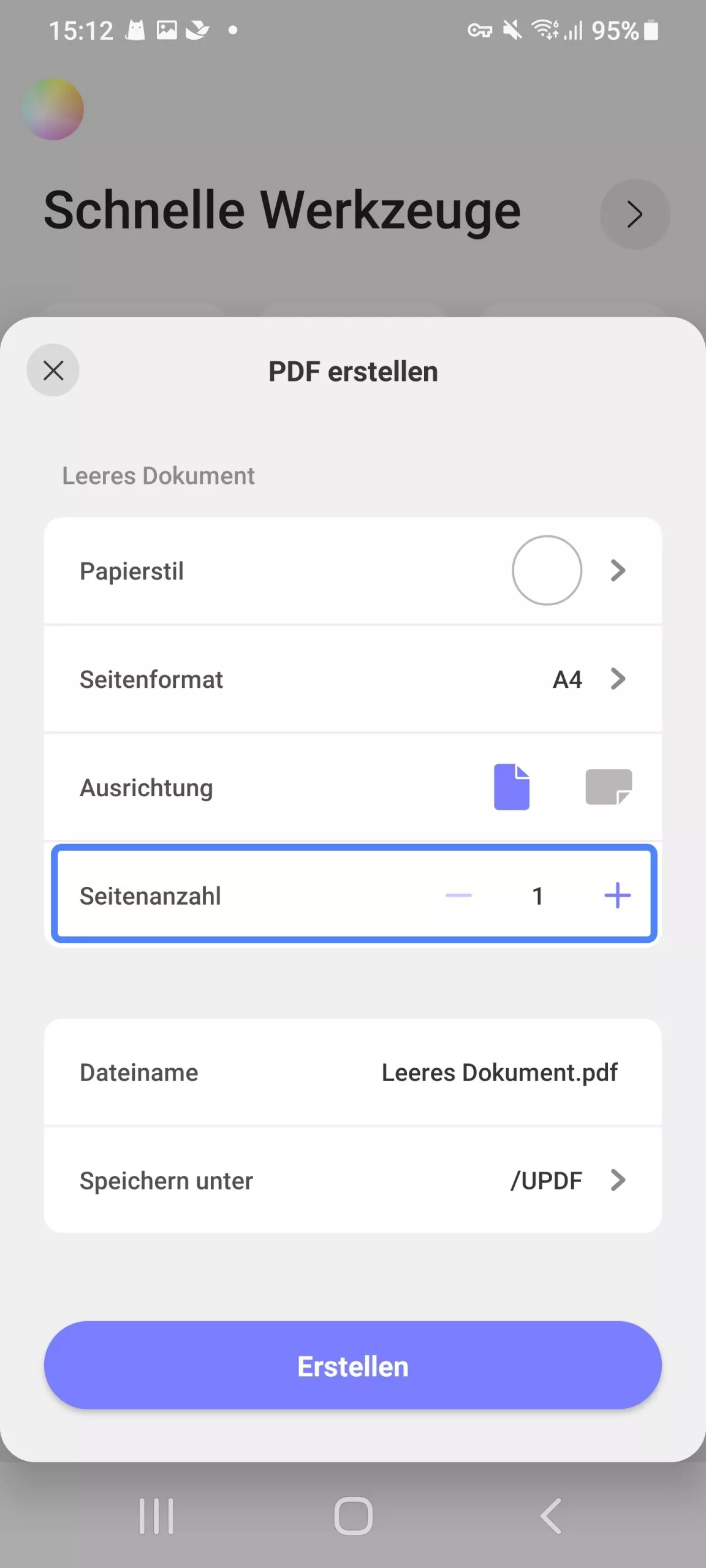 Legen Sie die Anzahl der Seiten fest, um eine leere PDF-Datei zu erstellen. updf android