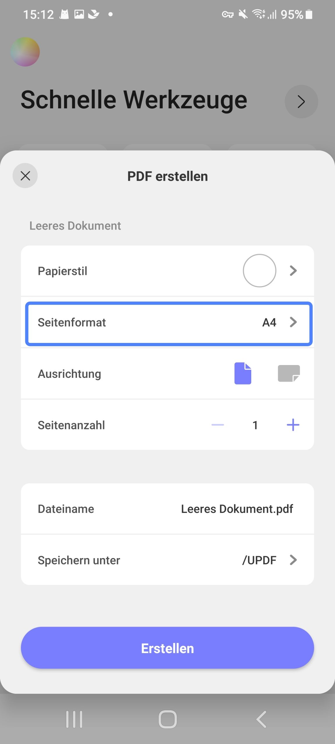  Seitenformatoptionen in updf für Android