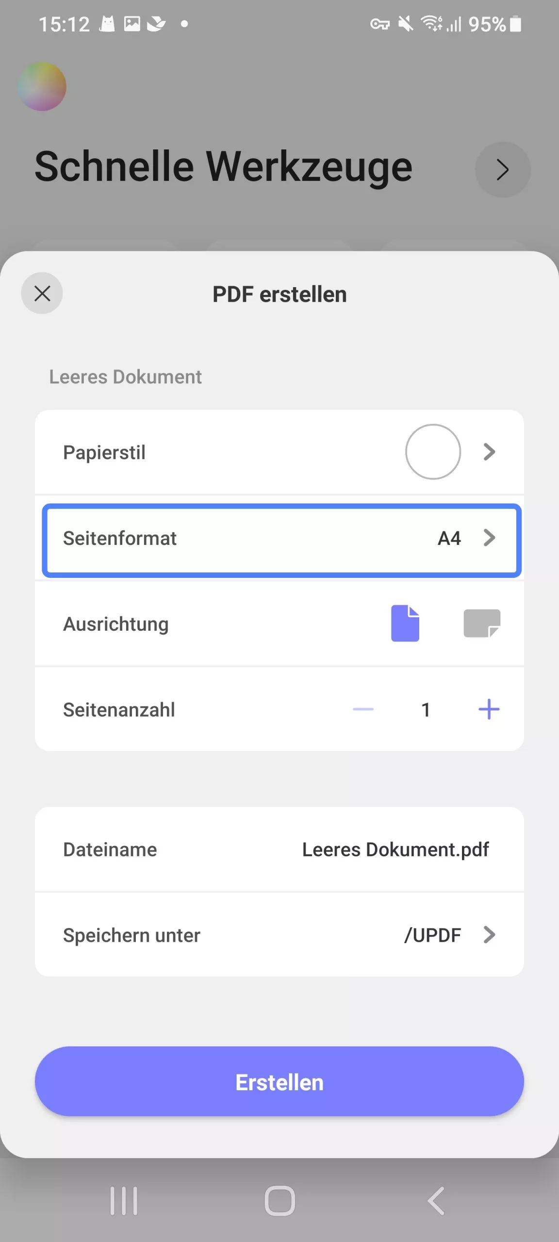  Seitenformatoptionen in updf für Android