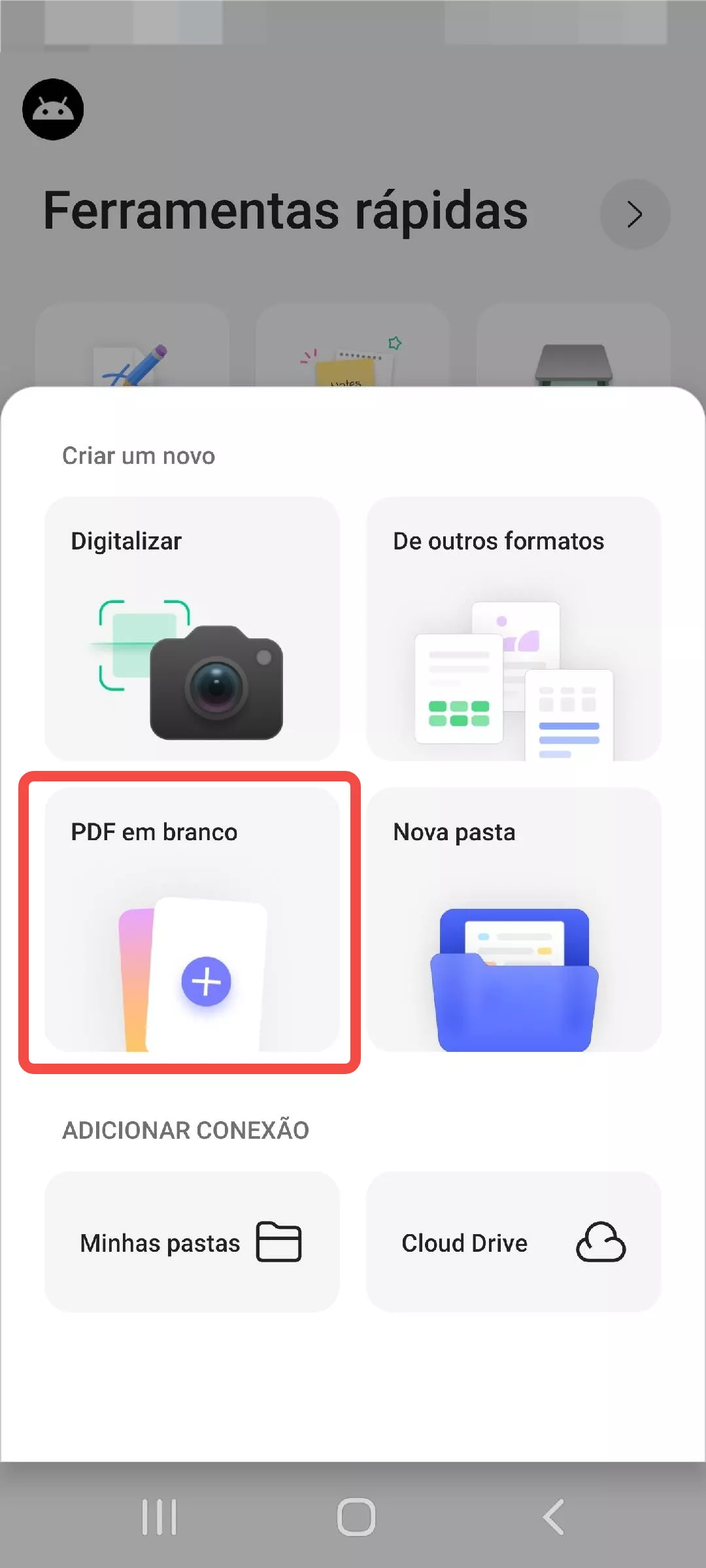 criar pdf em branco com o updf android