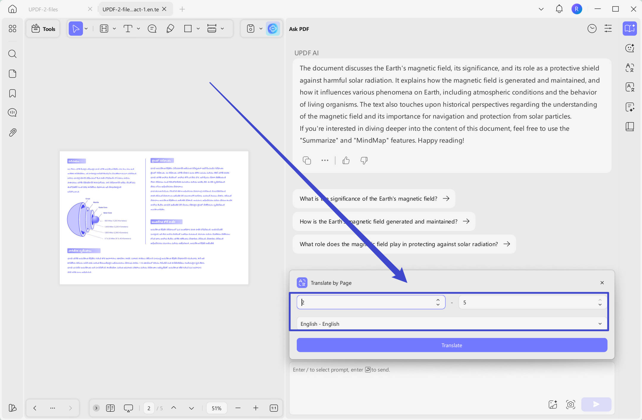 Select page and language to translate with updf AI on windows
