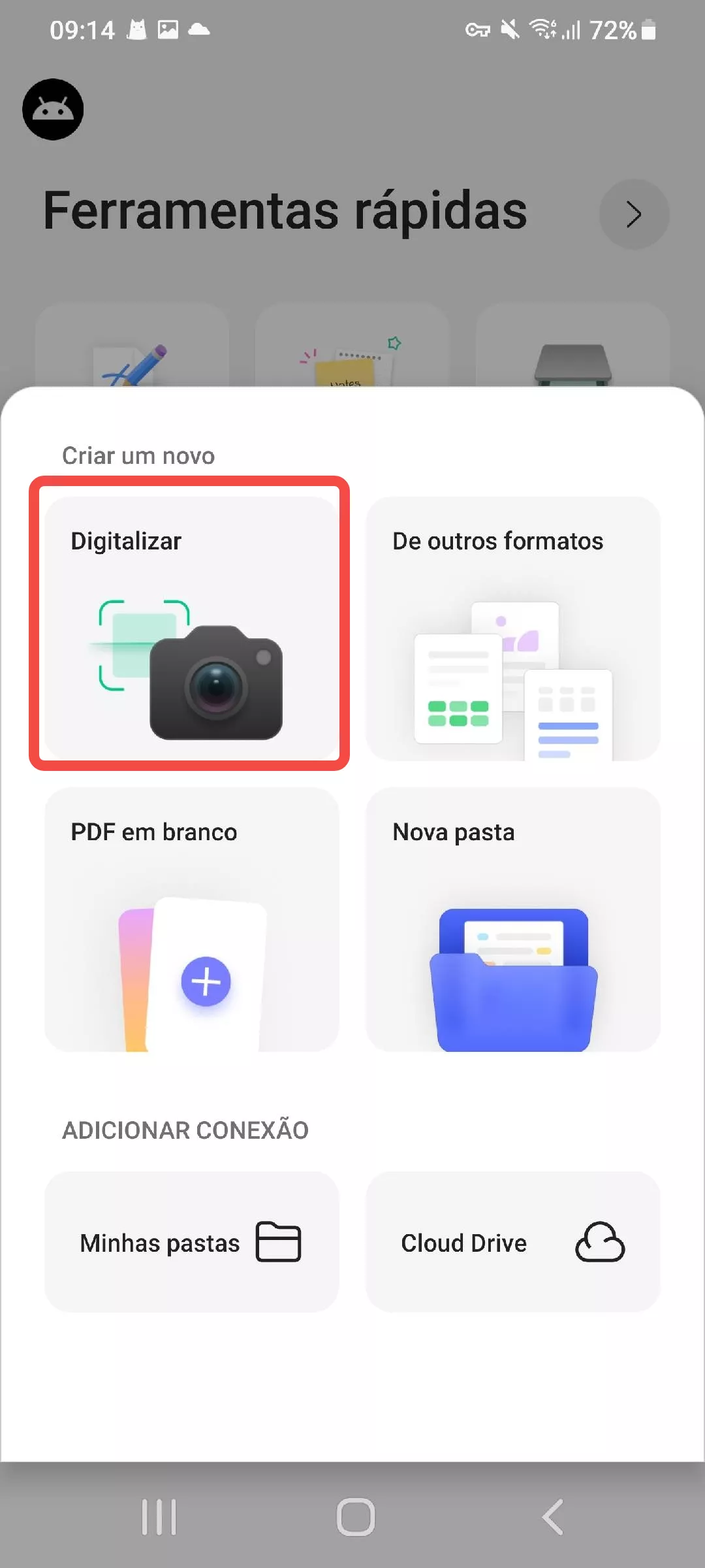 Em seguida, selecione “digitalizar” no menu suspenso.