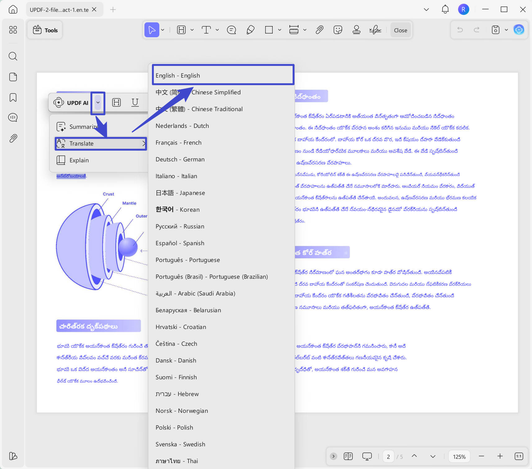 Select text to translate telugu PDF to englihs with UPDF on Windows