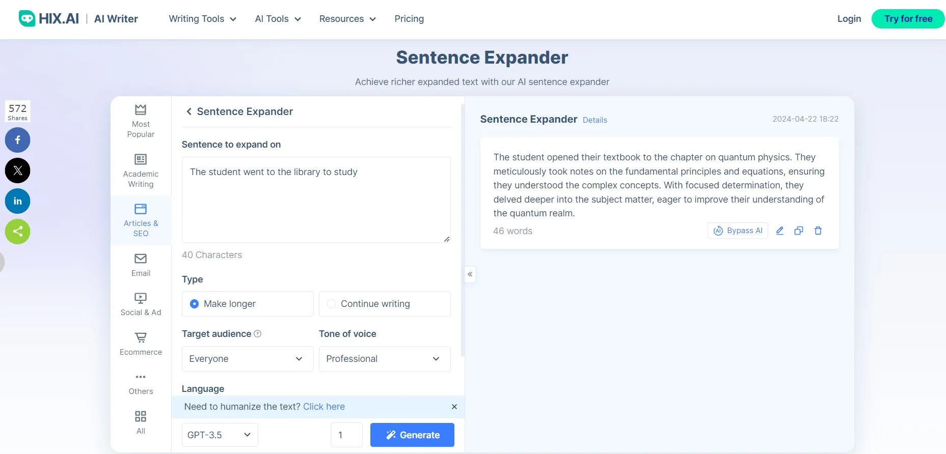 sentence expander hix ai