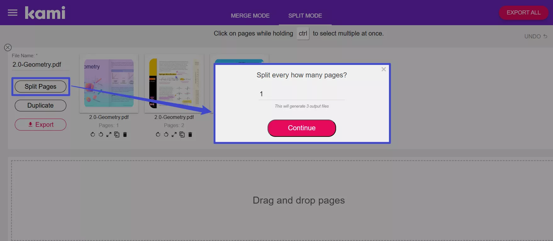 set how many pages to split each section by kami