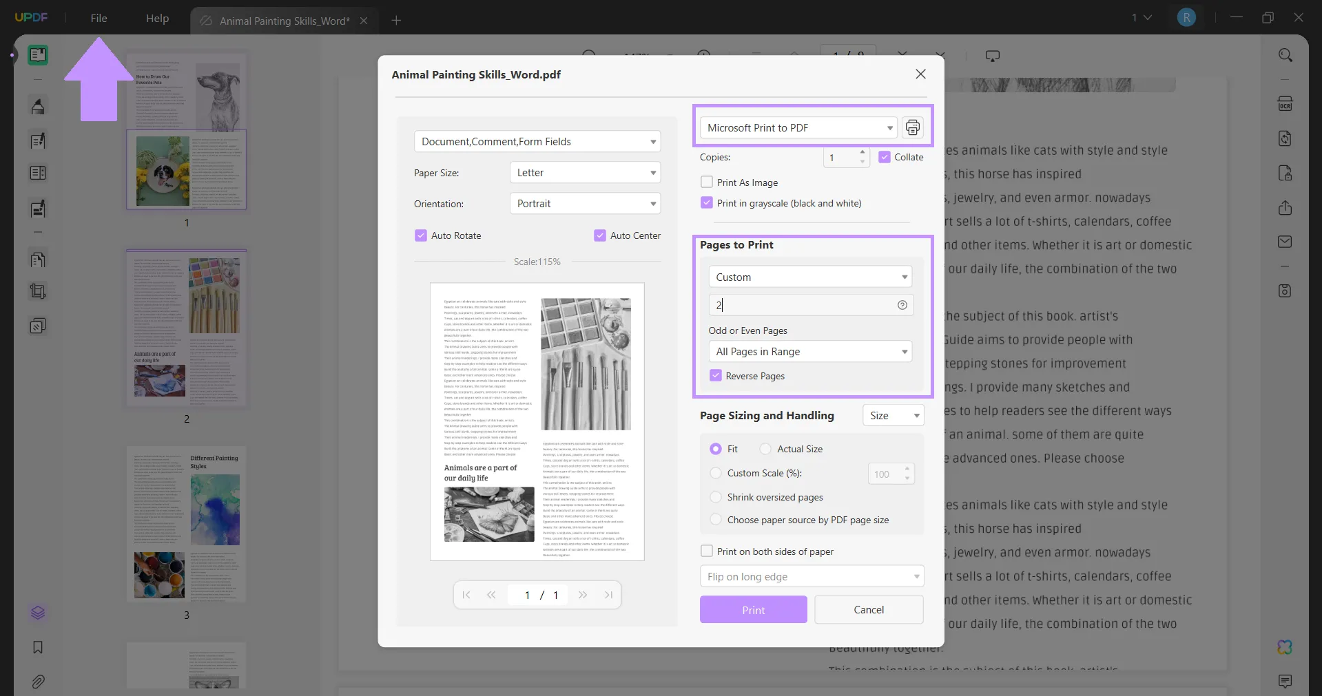 how do i split a word document into- multiple pdfs print settings