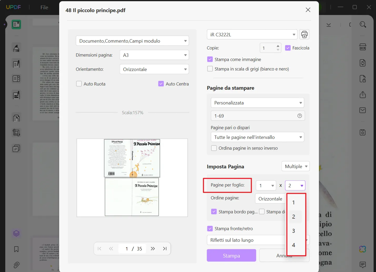 Stampa 3 pagine su un foglio in un PDF