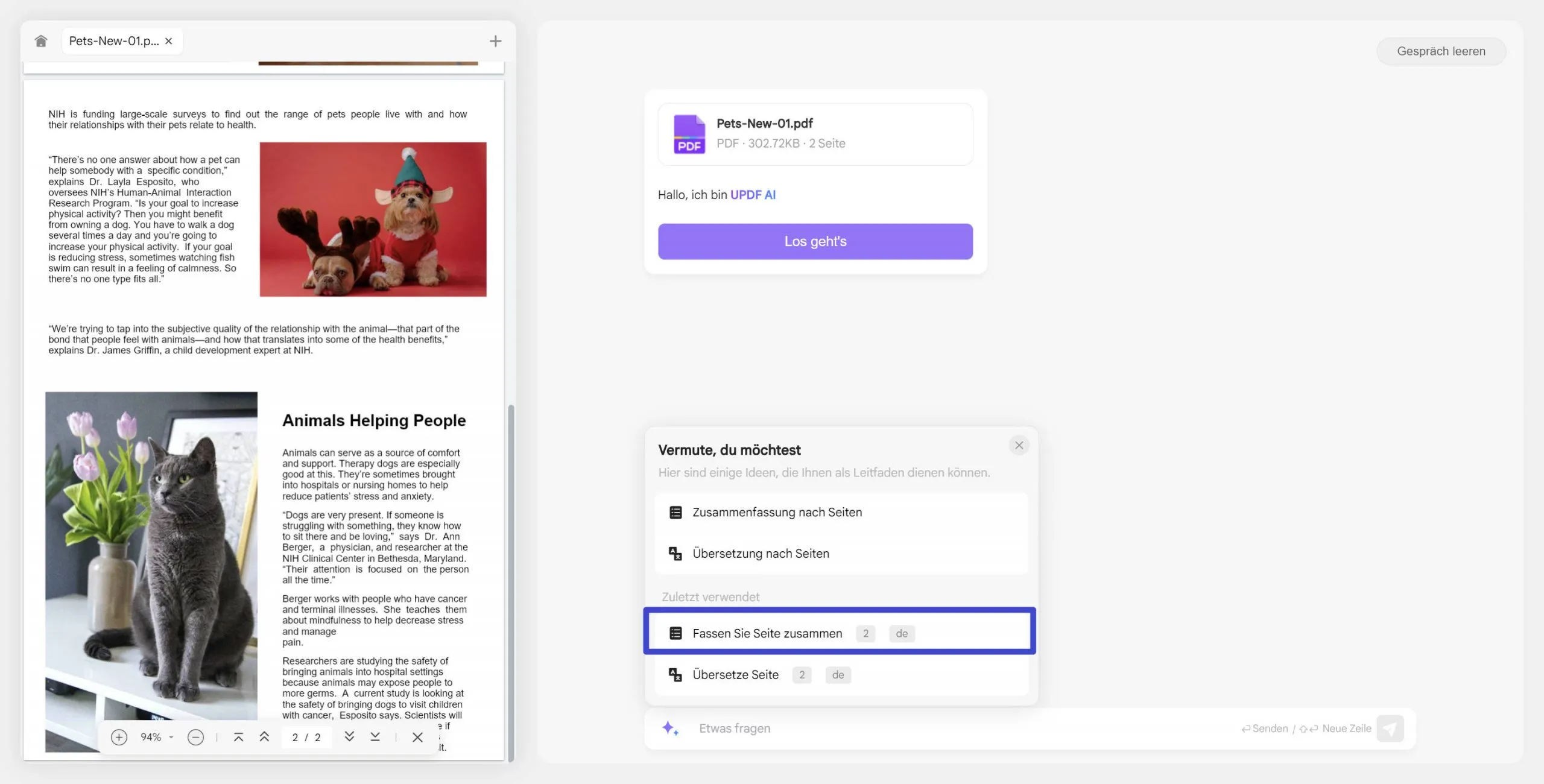 UPDF AI Web bestimmte Seite zusammenfassen