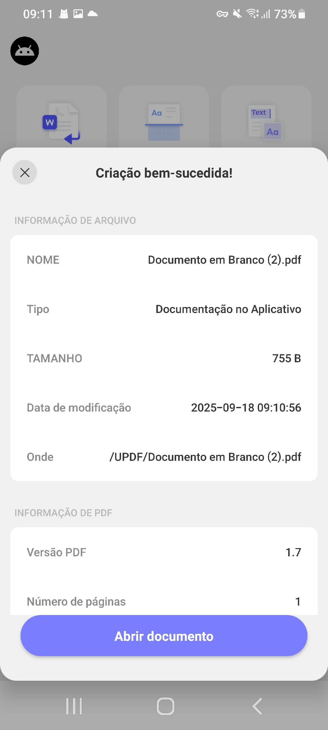 toque em "abrir documento" para visualizar e editar o pdf