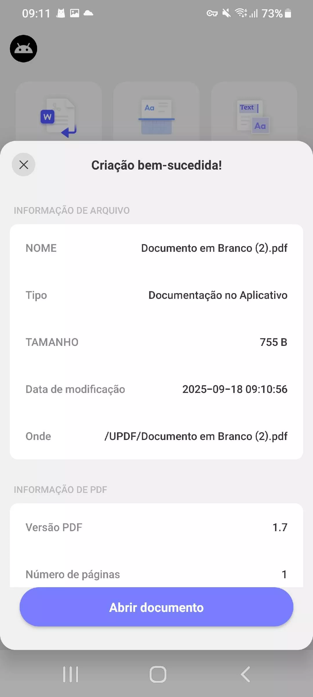 toque em "abrir documento" para visualizar e editar o pdf