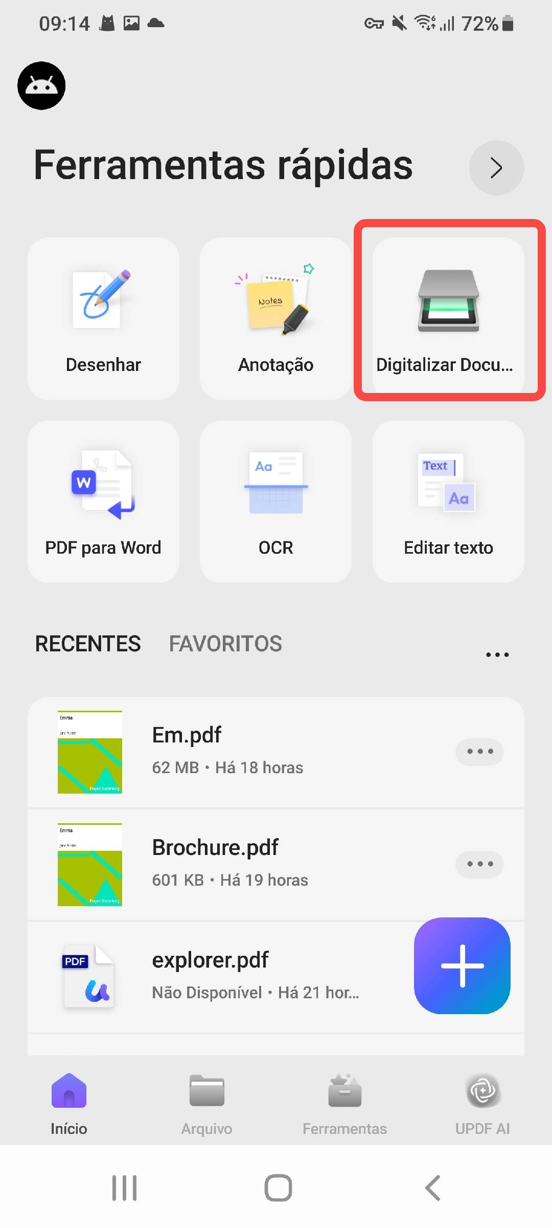 toque em “digitalizar documento” diretamente na tela inicial, no menu ferramentas rápidas.