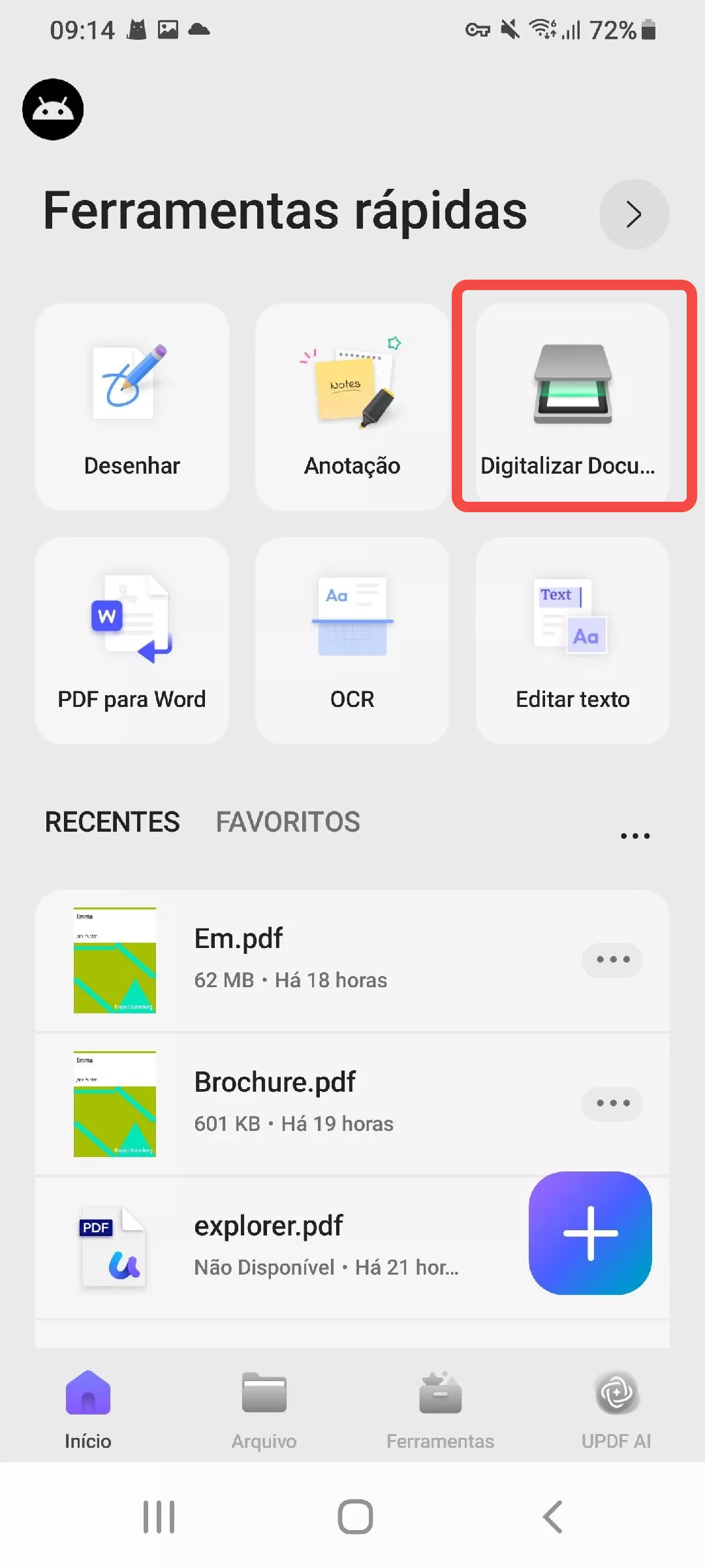 toque em “digitalizar documento” diretamente na tela inicial, no menu ferramentas rápidas.