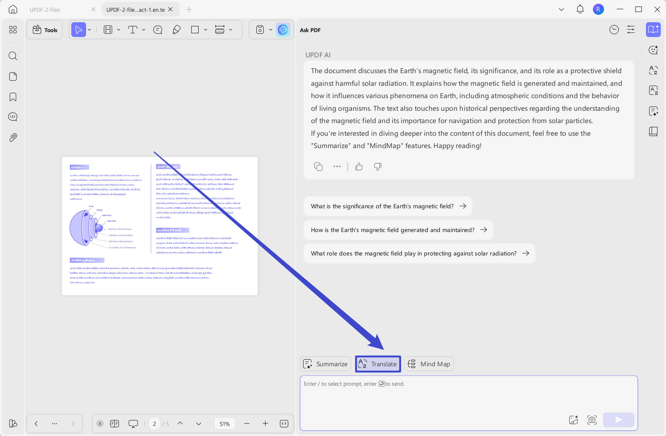 Select translate in chat with PDF section with UPDF AI on Windows