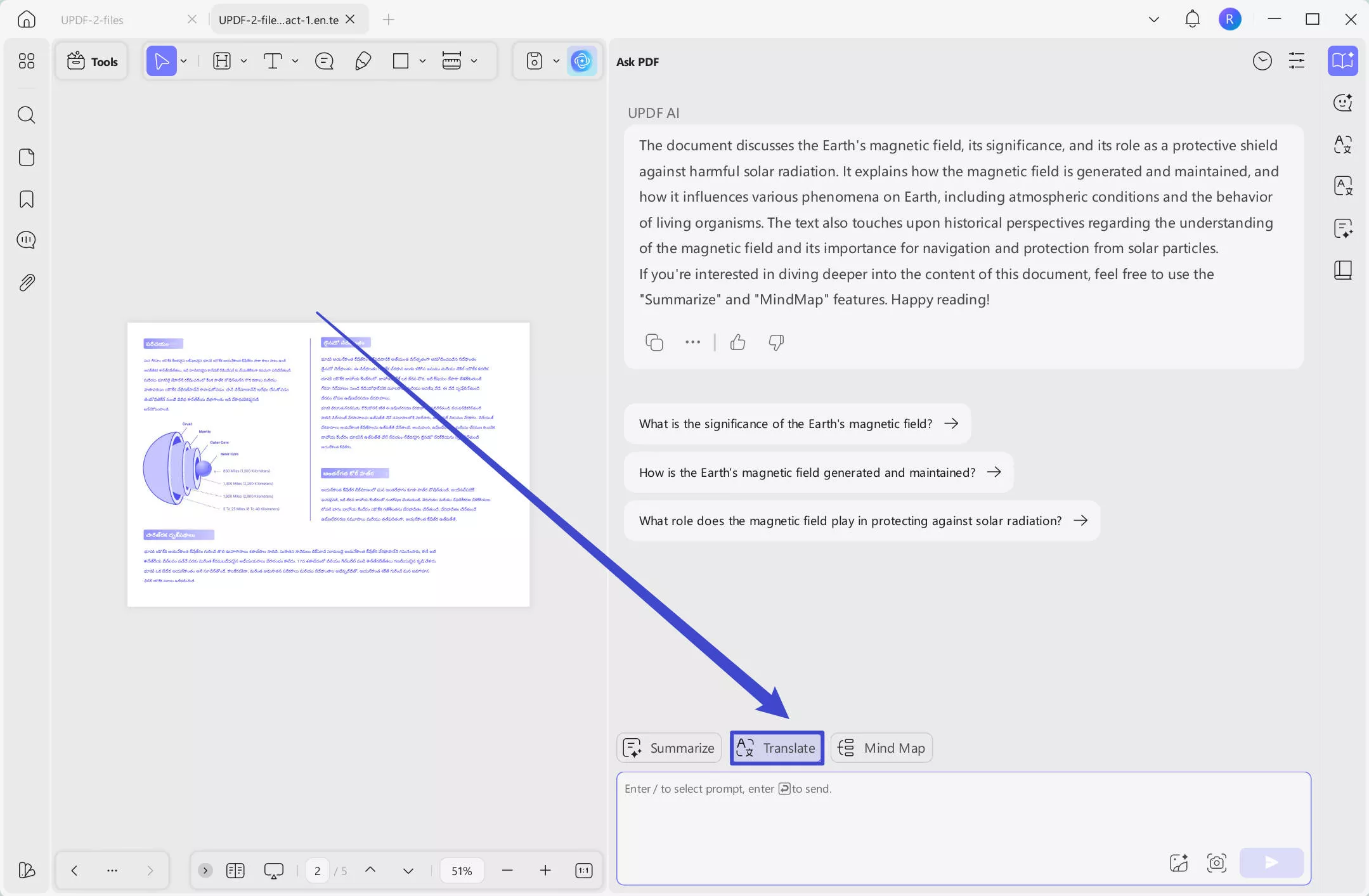 Select translate in chat with PDF section with UPDF AI on Windows