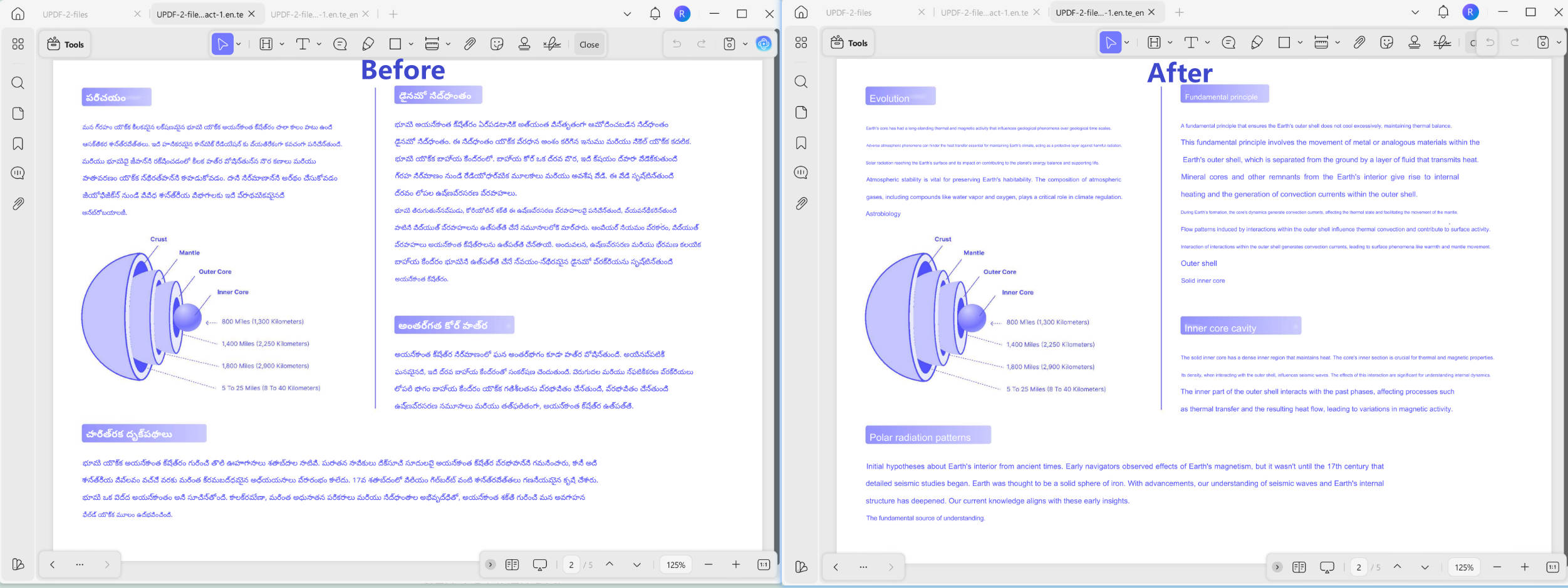 Translated telugu PDF to english effect with updf on windows