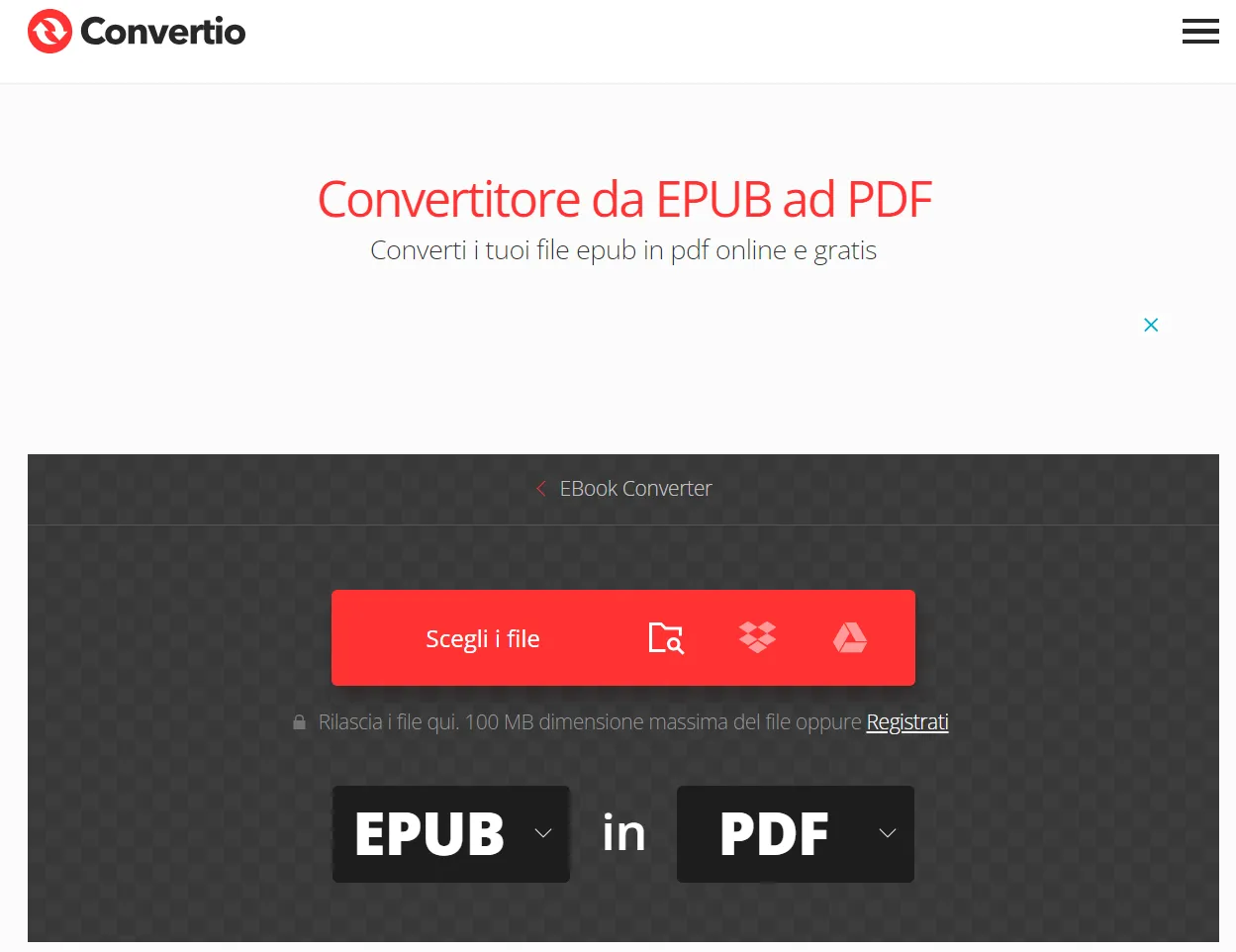 Trasforma ePub in PDF con Convertio