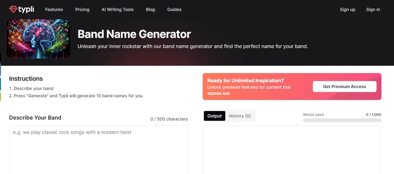 ai band name generator describe your band to get a band name